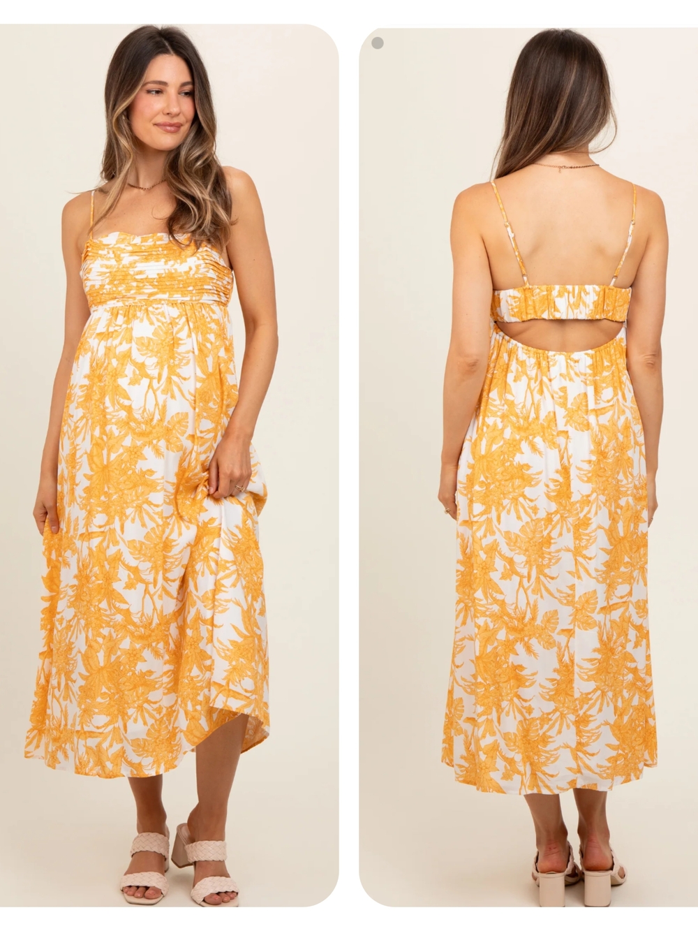 By The River Summer Tropical Floral Yellow Maxi Dress Cutout Back Large